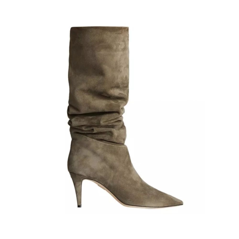Tamara Mellon Icon 75 Knee High Nappa Suede Heeled Slouch Boot in Moss Gray